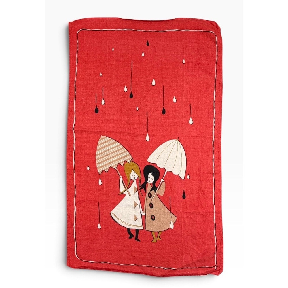 Vintage Danish MCM Linen Tea Towel Scandinavian Umbrella Girls Folk Art Kitchen